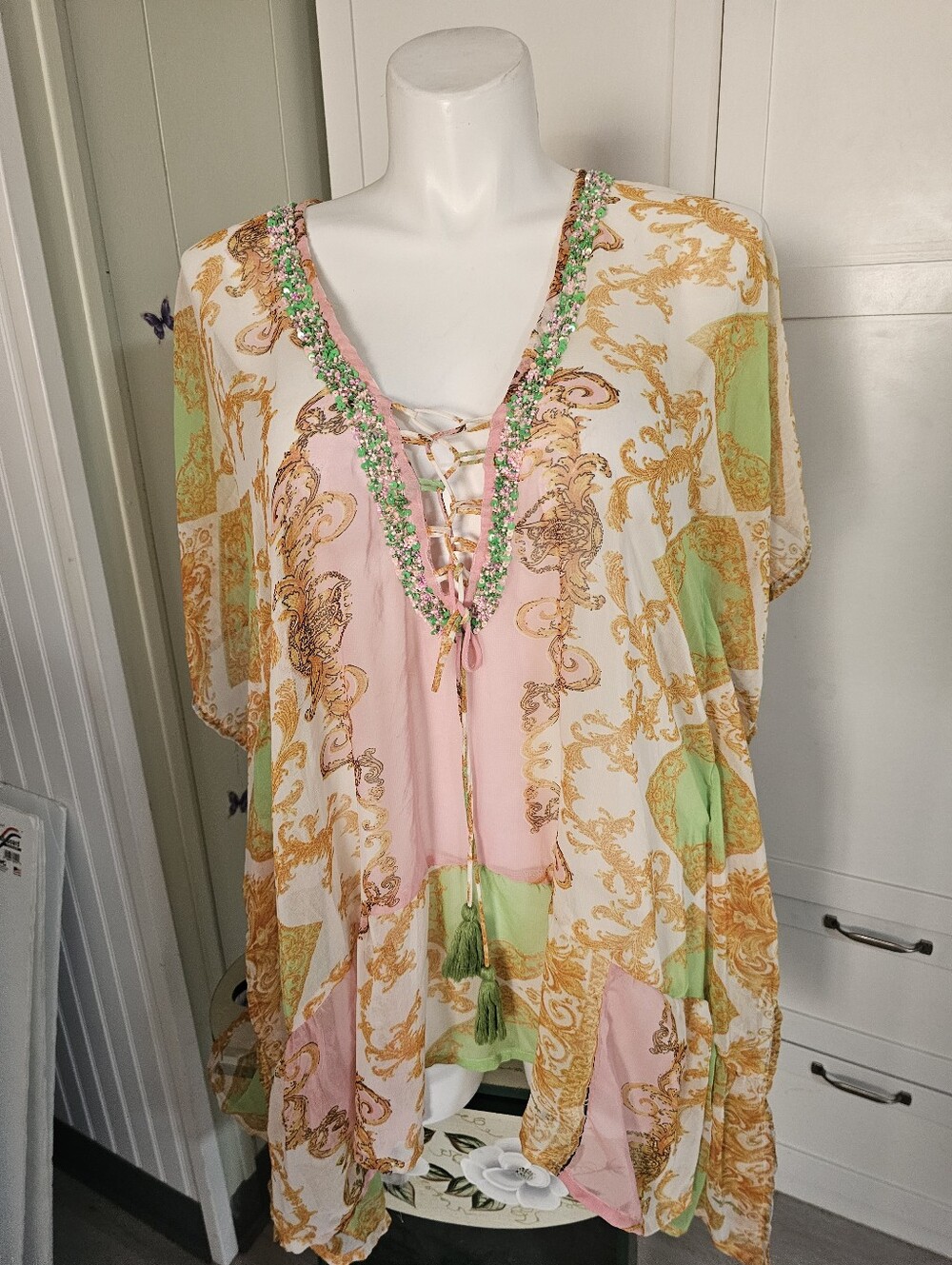 Antica Sartoria Giacomo Cinque One Size Sheer Beaded Swimsuit Cover Up Kaftan